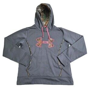 Under Armour Women's Medium Semi Fitted Storm Camo Logo Gray Pink Hoodie Cold